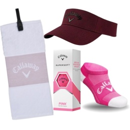 Zestaw prezentowy dla Golfistki, Callaway E03, daszek, skarpety, ręcznik i 3 różowe piłki golfowe