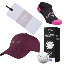 Zestaw prezentowy dla Golfistki, Callaway E05, czapka, skarpetki, piłki golfowe i ręcznik