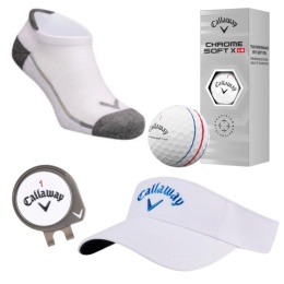 Zestaw prezentowy dla Golfistki, Callaway E06, daszek, skarpetki, piłki golfowe i pitchfork