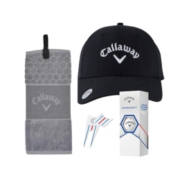 Zestaw prezentowy dla Golfisty, Callaway E01, czapka, ręcznik, piłki i pitchfork