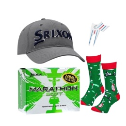Zestaw prezentowy dla Golfisty, Srixon E02, czapka z daszkiem, skarpety, piłki golfowe i pitchfork