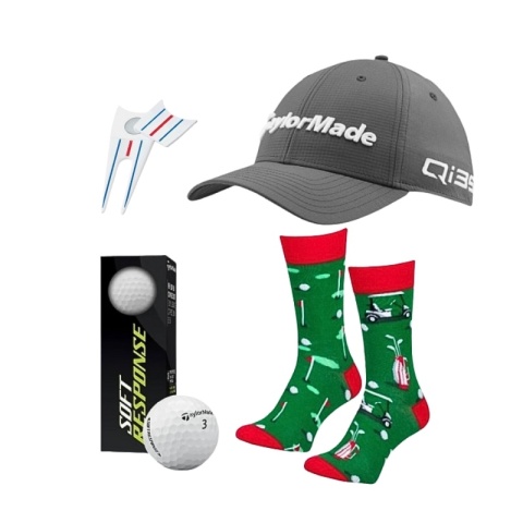 Zestaw prezentowy dla Golfisty, TaylorMade E02, czapka zimowa, skarpety, pitchfork i 3 piłki golfowe