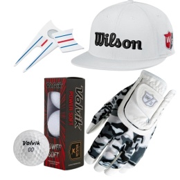 Zestaw prezentowy dla juniora Golfisty, czapka z daszkiem, rękawica, piłki golfowe i pitchfork