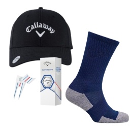 Zestaw prezentowy dla Golfisty, Callaway E01, czapka, skarprtki, piłki i pitchfork