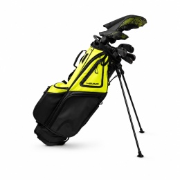 Zestaw kijów golfowych HEAD dla praworęcznych, obejmujący 11 kijów na grafitowych szaftach oraz torbę.