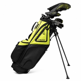 Zestaw kijów golfowych HEAD dla praworęcznych, obejmujący 11 kijów na stalowych szaftach oraz torbę.